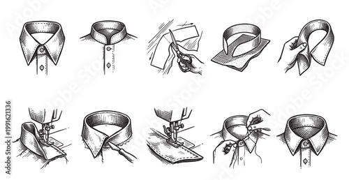 This black and white sketch illustrates the step-by-step process of sewing a shirt collar, from cutting fabric to the finished product.