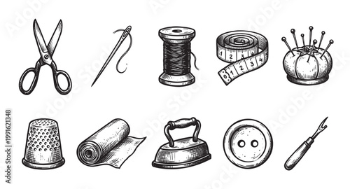 A collection of vintage-style hand-drawn sewing tools including scissors, needle, thread, measuring tape, pins, thimble, fabric, iron, button, and seam ripper.