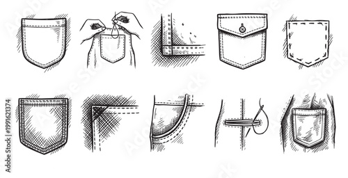 Hand-drawn sketch illustrates various sewing techniques for pockets on fabric, showing stitching, buttons, and fabric details in a vintage style.