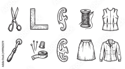 A collection of hand-drawn sewing tools and clothing patterns, including scissors, ruler, pattern curves, thread, and garments, depicted in a sketch style.