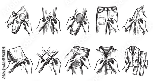 A collection of black and white hand-drawn illustrations depict various stages of sewing and mending clothes, showing repairs, patches, and zipper fixes.