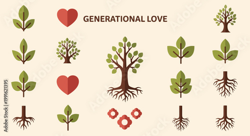 Generational Love Concept Illustration with Tree and Heart Icons.