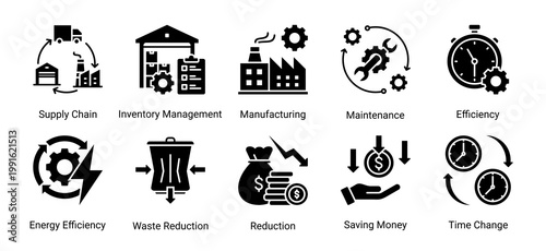 Industrial-focused icon set for operations,logistics,and efficiency improvement.Ideal for manufacturing,lean management,and process optimization projects.