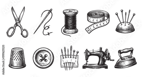 A vintage-style collection of hand-drawn sewing essentials including scissors, needle, thread, tape measure, pins, thimble, button, and iron.
