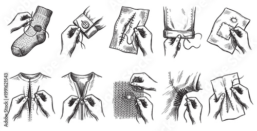 A collection of hand-drawn illustrations depicts hands engaged in various sewing and mending tasks, showcasing repair and crafting techniques with needles and thread on different textiles.