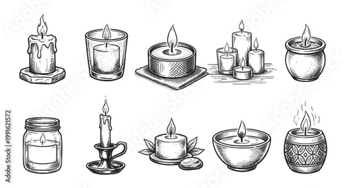 Collection of diverse hand-drawn sketch style candles, including pillar, jar, tea light, and decorative containers, perfect for spa, meditation, or festive themes.