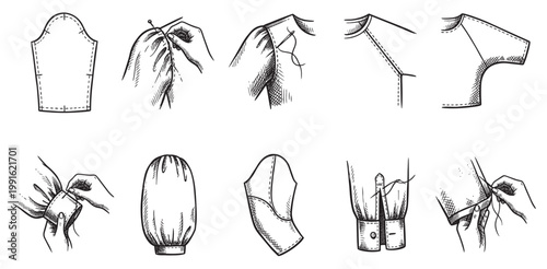 This vintage illustration showcases a sequence of hand-drawn steps for sewing garment sleeves, from pattern pieces to finished cuffs, with a focus on detail and craftsmanship.