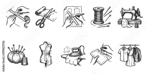 This hand-drawn, black and white illustration features a collage of sewing and fashion design elements, perfect for projects on tailoring, dressmaking, or DIY fashion.