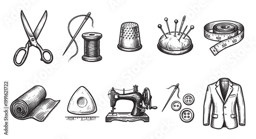 A vintage-style ink sketch collage features essential sewing and tailoring tools like scissors, thread, thimble, pins, and a suit jacket, ideal for crafts and fashion design.