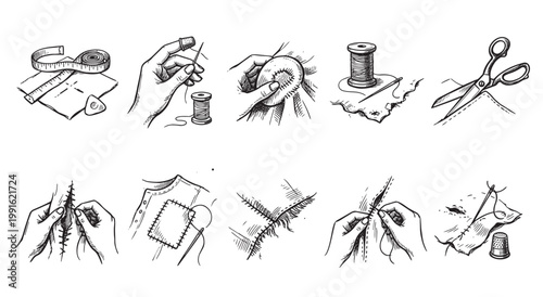 A collection of hand-drawn illustrations depicting various sewing techniques and essential tools, capturing a vintage, crafty aesthetic for design projects.