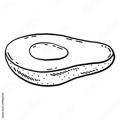 Vector illustration of a ripe avocado half with pit. Isolated sketch of organic tropical fruit in engraved style for menu, kitchen decor or healthy food packaging.