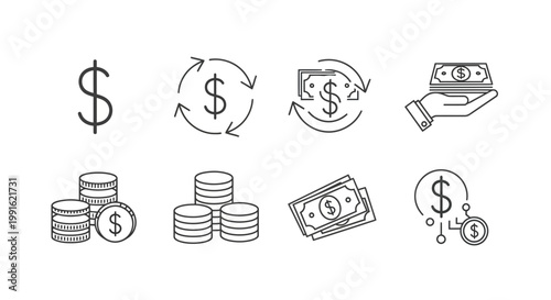 Money Icons: Dollar Sign, Cash, Coins, Exchange, Payment, Finance, Banking, Investment
