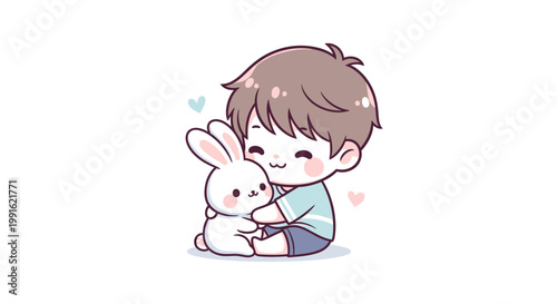 Boy Holding White Cute Rabbit Pet.