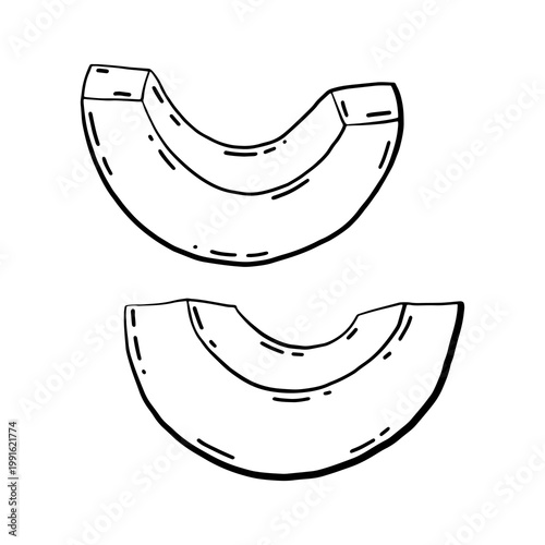 Vector illustration of a ripe avocado. Slices, pieces, and halves. Isolated sketch of this organic tropical fruit in an engraving style for menus, kitchen design, or healthy food packaging.
