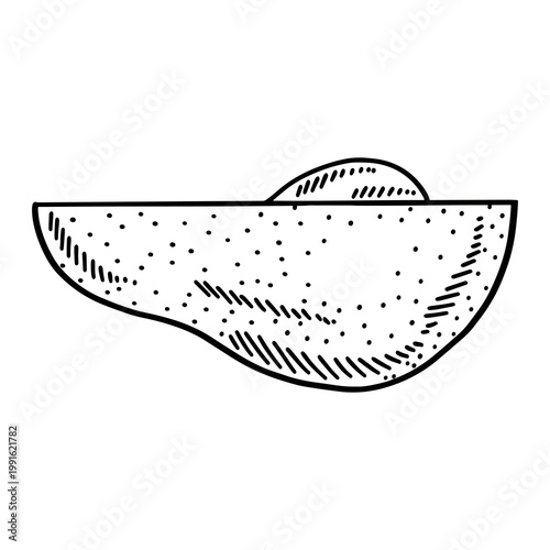 Vector illustration of a ripe avocado half with pit. Isolated sketch of organic tropical fruit in engraved style for menu, kitchen decor or healthy food packaging.