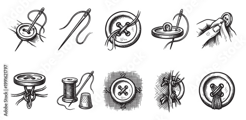 A collection of hand-drawn black and white icons illustrating various sewing techniques with buttons, needles, thread, and a thimble.