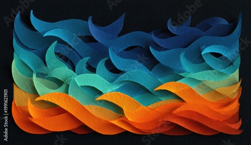 A captivating abstract artwork showcases layered paper cutouts in shades of blue, teal, and orange, creating a dynamic and flowing composition against a dark background.