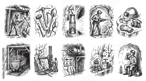 A collection of black and white illustrations depicting various aspects of mining including miners working with tools equipment and mine cart.