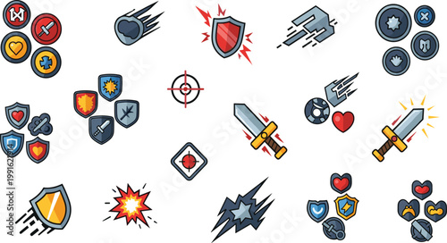 Game Combat and Battle Icon Set with Sword Shield Heart Target Explosion Effects for Action RPG UI Design and Gaming Interface Elements.