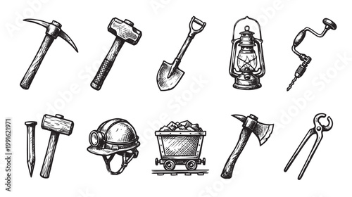 A hand-drawn sketch collection of vintage mining equipment including a pickaxe, hammer, shovel, lantern, drill, nails, helmet, cart, axe, and pliers.