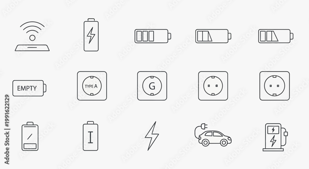 Fototapeta premium Electric Car Charging Icons: Battery, Plug, Outlet, Wireless Charging, Energy Symbol