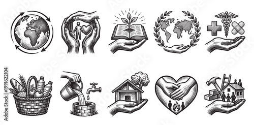 A collection of black and white illustrations depicting hands supporting various symbols of humanitarian aid, health, community, and environmentalism.