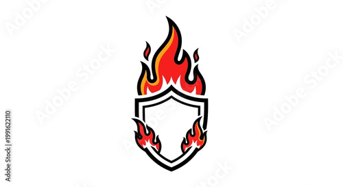 Flaming shield emblem icon graphic symbol.