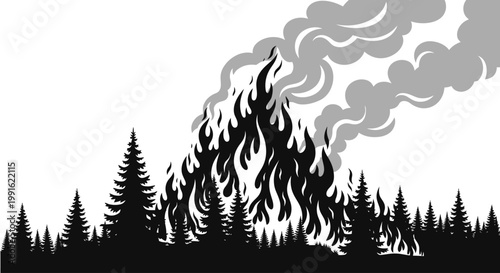 Forest Fire Burning Trees Silhouette Illustration.