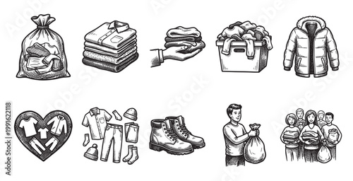 A collection of hand-drawn icons depicting various elements of clothing donation, including piles of clothes, bags, and people giving.