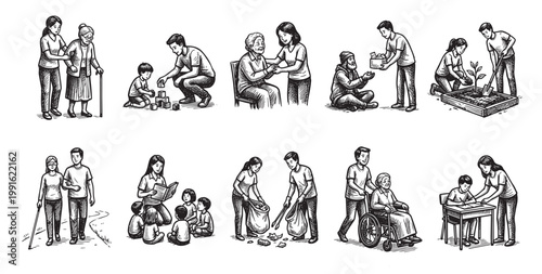 A set of hand-drawn black and white illustrations depicting diverse acts of kindness, community service, and intergenerational connection with a focus on helping those in need.