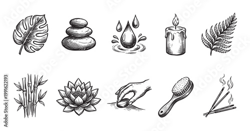 A collection of hand-drawn spa elements including a leaf, stones, water drops, candle, fern, bamboo, lotus, massage stone, brush, and incense.