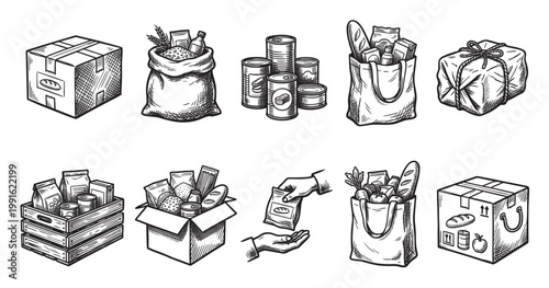 A collection of hand-drawn illustrations depicting various food items and containers used for donations, charity, and essentials.