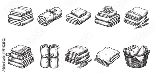 This hand-drawn sketch collection features various arrangements of towels, including stacks, rolls tied with ribbon, and a basket filled with rolled towels, with accents of lily and lavender.
