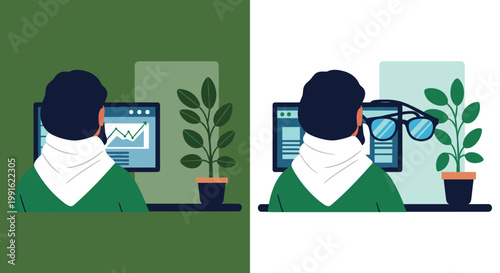A man analyzes financial data on a computer screen both with and without the aid of corrective glasses in a split composition with deep green tones.