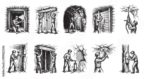 This vintage illustration shows a series of vignettes of miners performing various tasks such as drilling, welding, and reinforcing tunnels in a mine.
