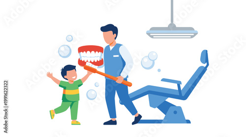 A happy young boy in a green outfit celebrates during a dental visit while a dentist holds a giant toothbrush in a room with soft blue bubble motifs.