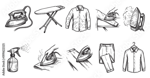 A hand-drawn illustration depicts the process of ironing clothes, showing an iron, ironing board, spray bottle, and various stages of ironing a shirt and pants.