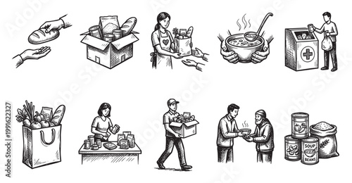 A collection of hand-drawn illustrations depicts various acts of charity and food donation, including giving bread, packing food boxes, delivering groceries, and serving soup.