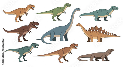 Collection of diverse dinosaur species in cartoon style.