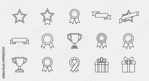 Collection of Award Icons: Ribbons, Trophies, Stars, and Gift Boxes