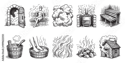 A monochrome collection of hand-drawn illustrations depicts various elements associated with a sauna, including a stone oven, wooden bucket, steam, and a small building.
