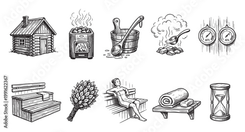A collection of hand-drawn line art illustrations depicting various elements associated with sauna culture, including a wooden cabin, stove, bucket, whisk, thermometer, benches, and hourglass.