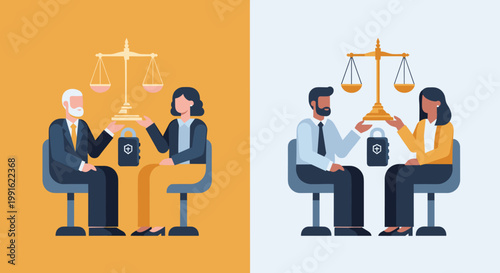 Two different pairs of legal experts sit at desks holding golden scales of justice over a secure lock in a split composition with orange and blue.