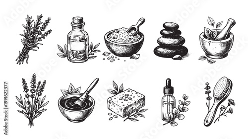 A charming hand-drawn collection of spa and aromatherapy items including lavender, essential oil bottles, salt, stones, mortar, and brush on a white background, perfect for wellness branding.
