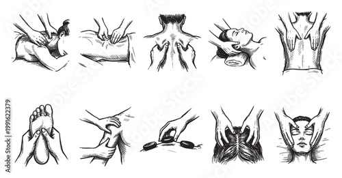 A collection of black and white line drawings illustrating various massage therapy techniques for the head, neck, back, and feet, promoting relaxation and wellness.