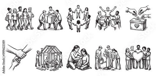 This collection of black and white illustrations depicts people engaging in various acts of community service, teamwork, and support, showcasing unity and cooperation.