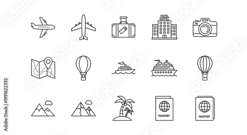 Travel Icons Set: Airplane, Suitcase, Hotel, Camera, Map, Hot Air Balloon, Ship, Mountains, Palm Tree, Passport
