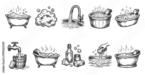 A collection of hand-drawn illustrations depicting various bathing and spa scenes, including bathtubs, bubbles, water faucets, and people enjoying a relaxing bath.