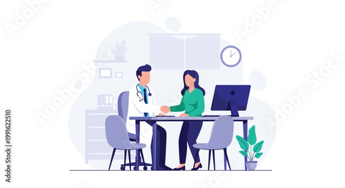 A male physician in a white medical coat shakes hands with a female patient to conclude a successful consultation in a bright office with blue accents.