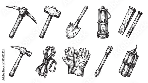 This black and white ink sketch displays a collection of vintage mining tools including pickaxes, hammers, shovel, lantern, rope, gloves, drill, and dynamite.